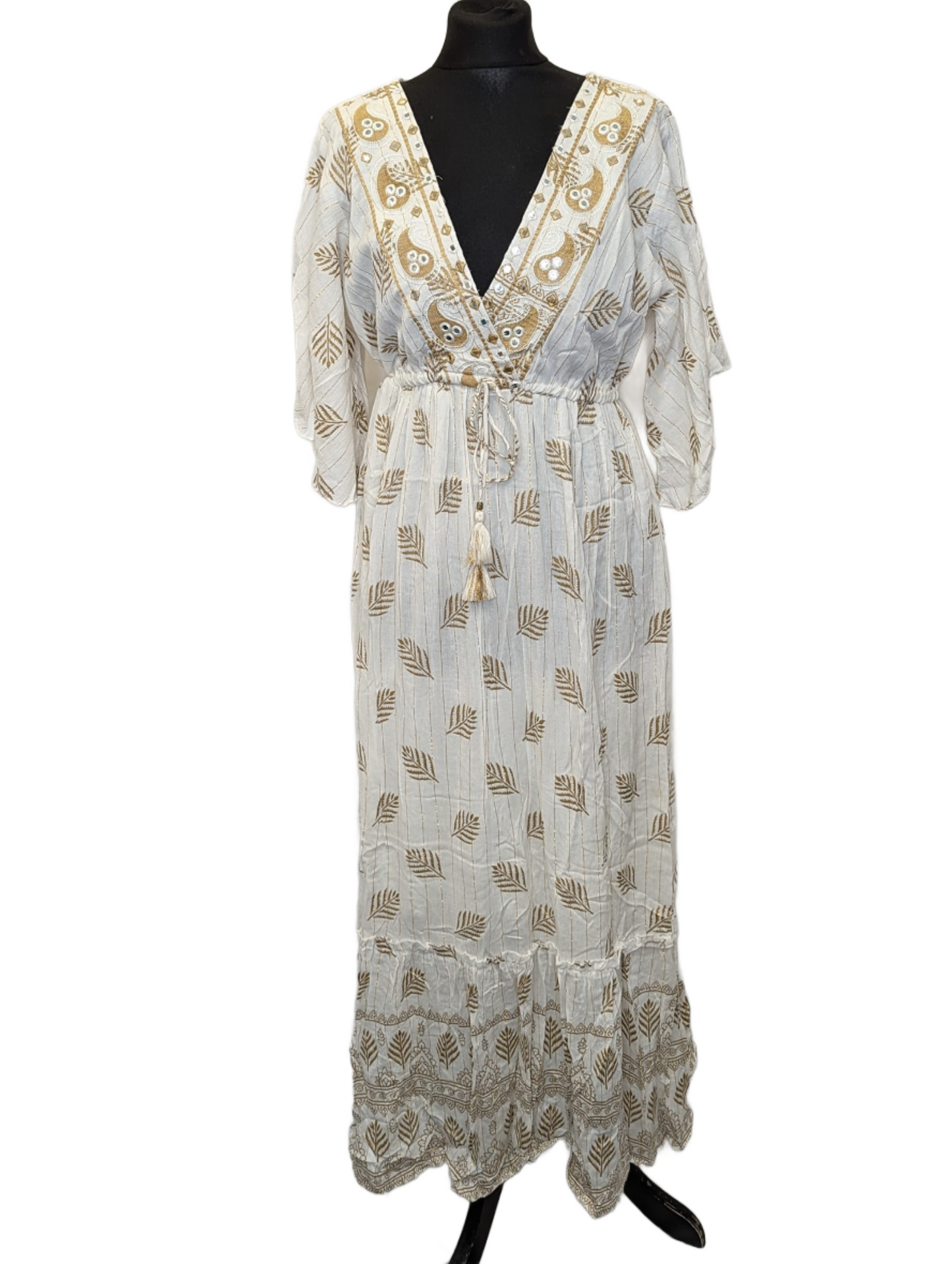 Golden leaf print cotton v neck maxi