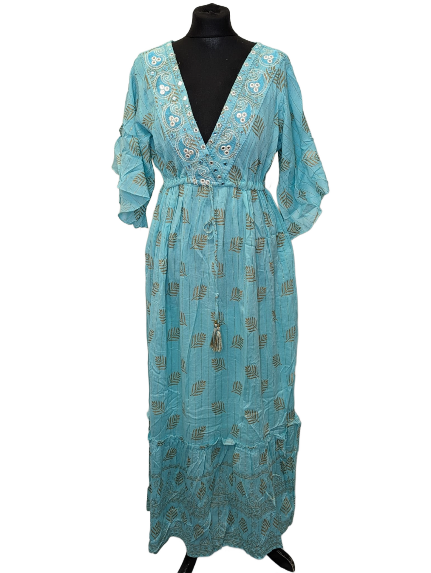 Golden leaf print cotton v neck maxi