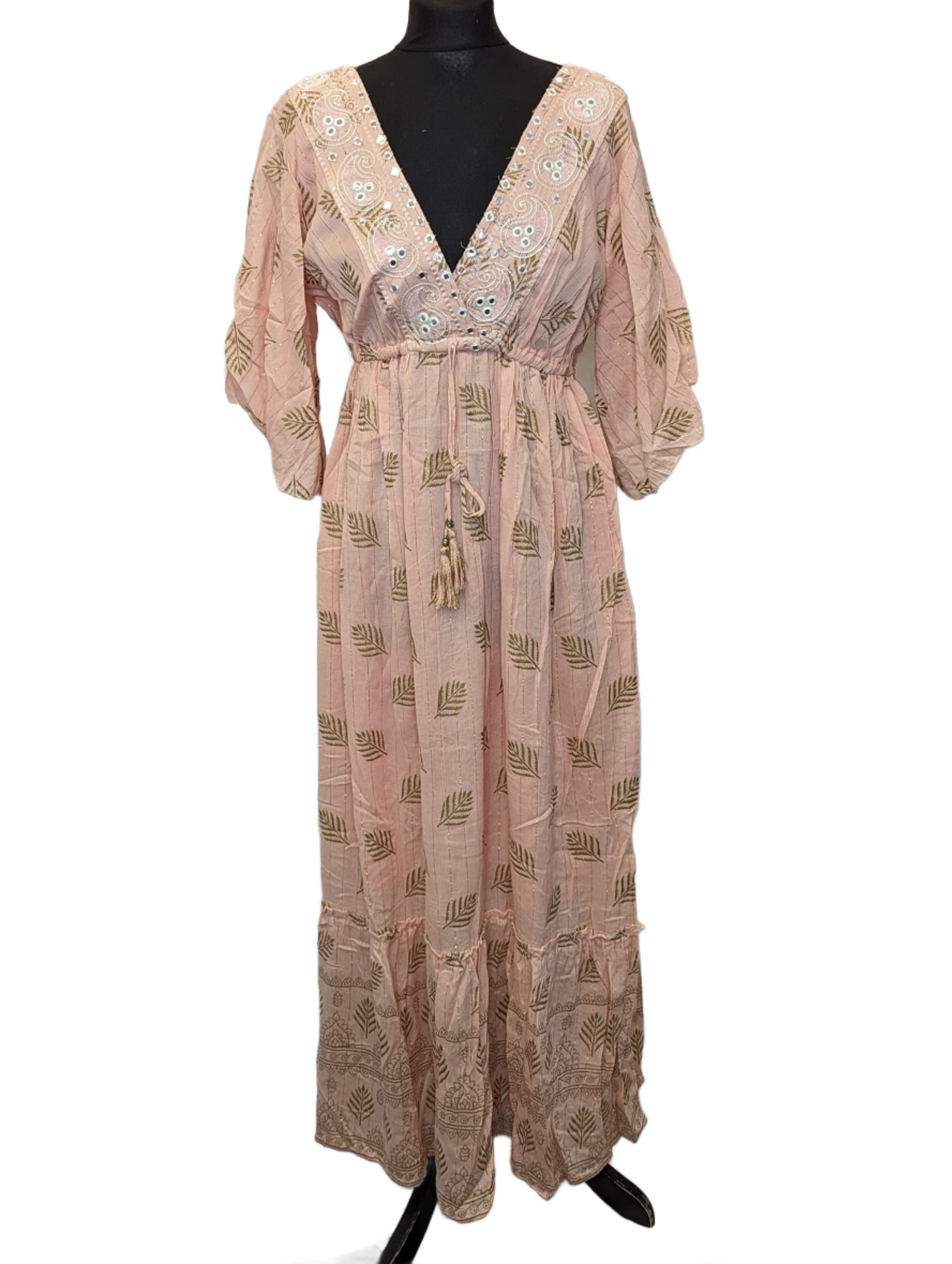 Golden leaf print cotton v neck maxi