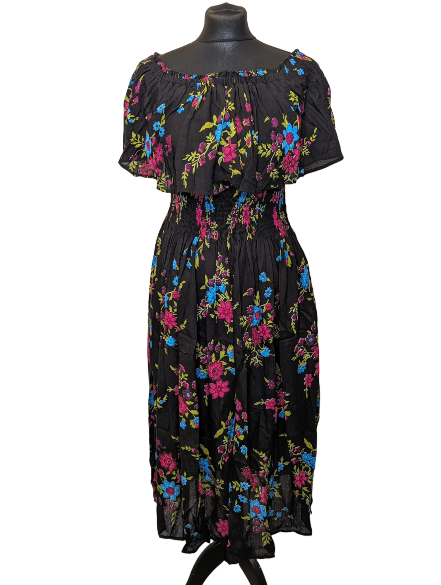 Floral print shirred band cotton dress with pockets