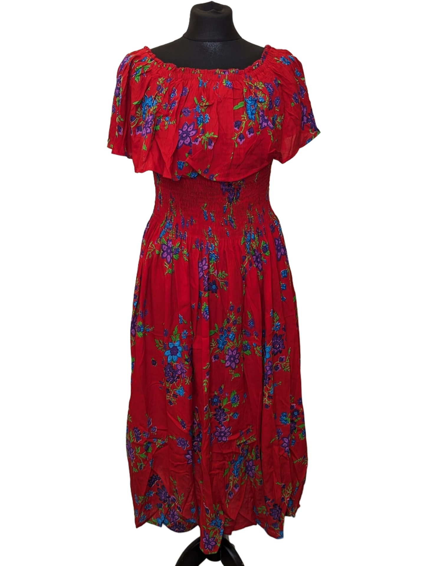 Floral print shirred band cotton dress with pockets