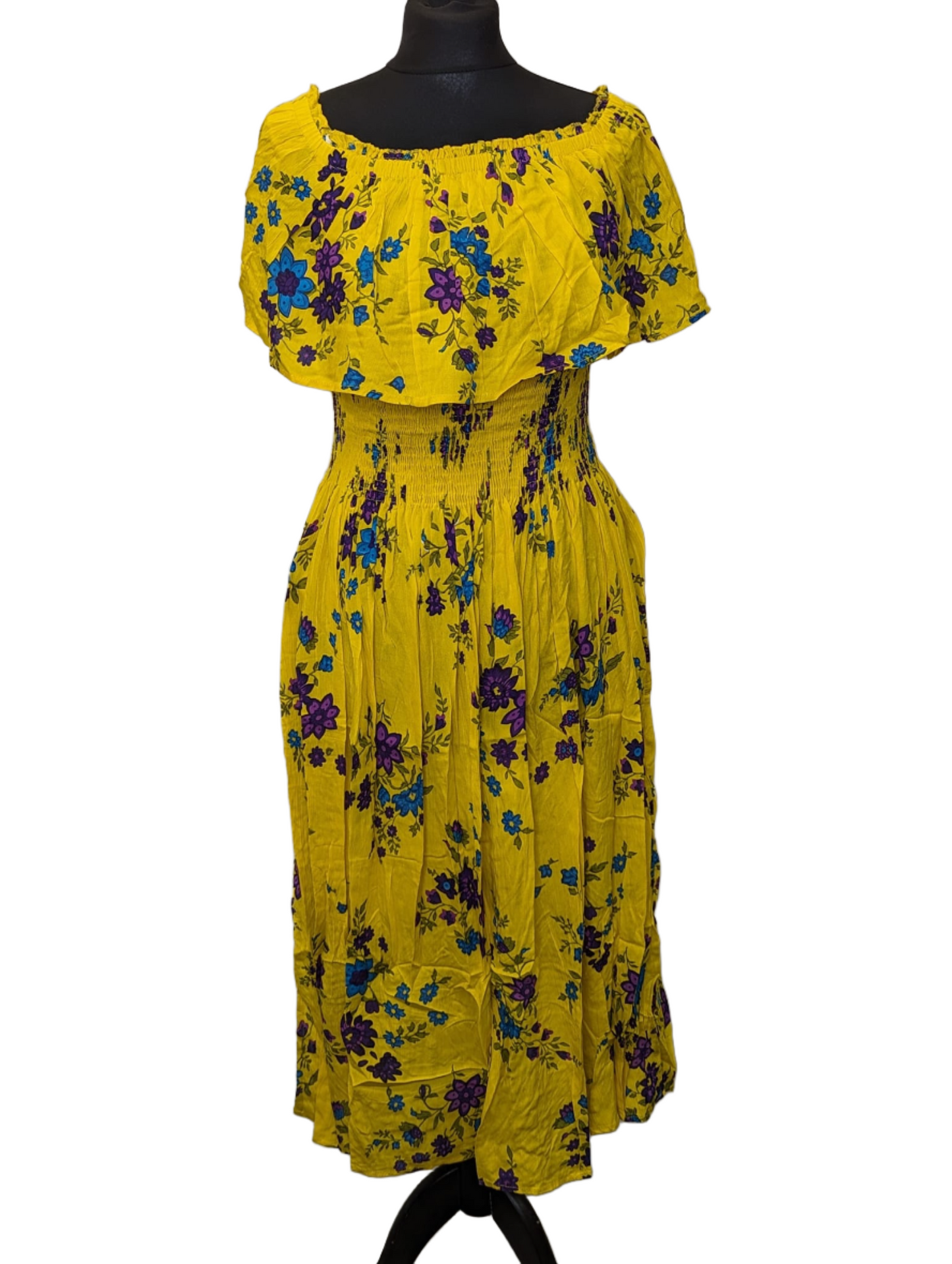 Floral print shirred band cotton dress with pockets