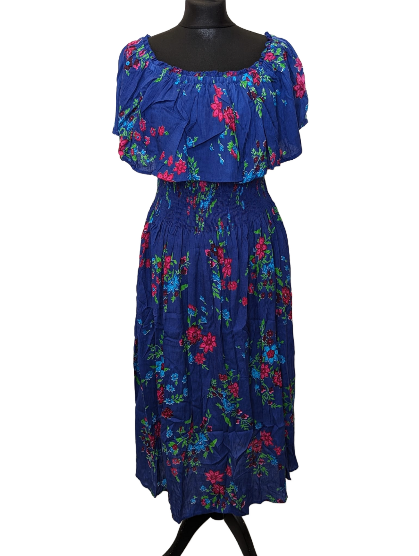 Floral print shirred band cotton dress with pockets