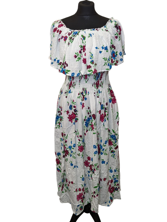 Floral print shirred band cotton dress with pockets